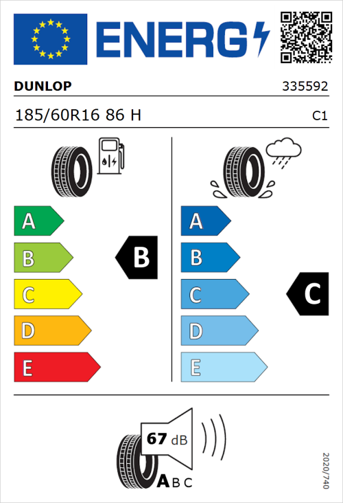 Tyre Label for Dunlop Enasave 2030 185/60R16 86H
