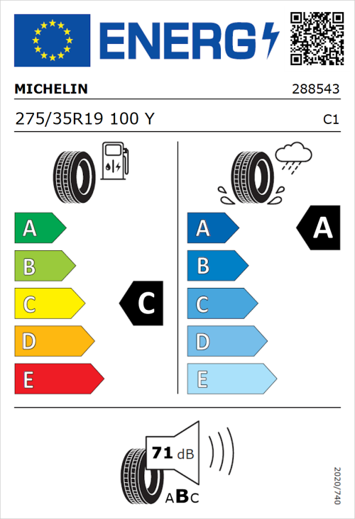 Tyre Label for Michelin Primacy 3 275/35R19 100Y
